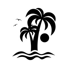 Palm trees, sea and sun icon. Black silhouette. Front side view. Vector simple flat graphic illustration. Isolated object on white background. Isolate.