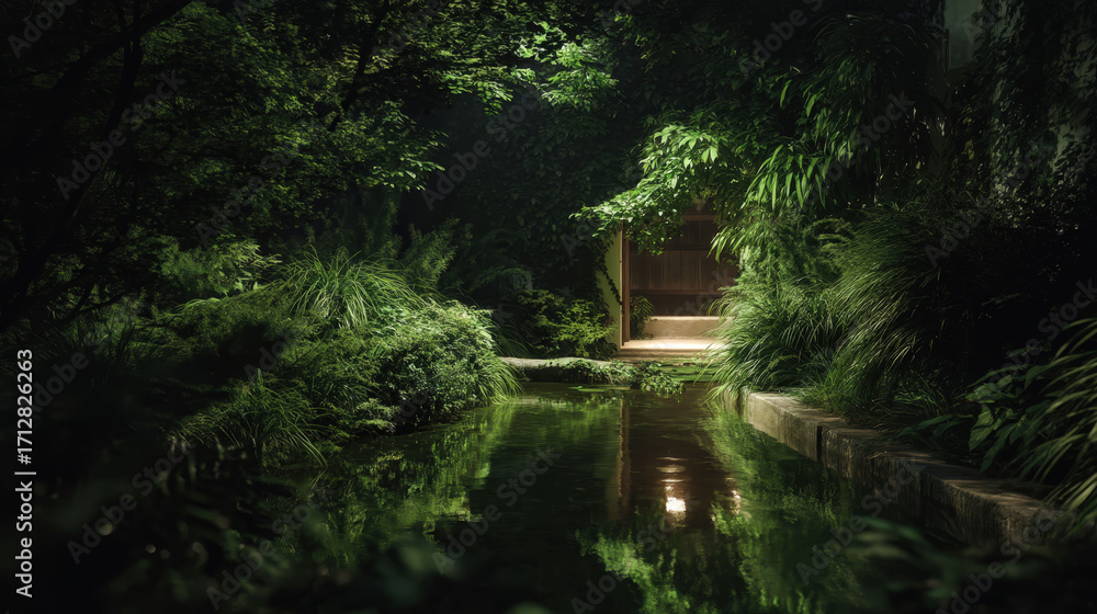 Poster a dark forest with a small path leading to a door. the path is surrounded by trees and bushes, and t