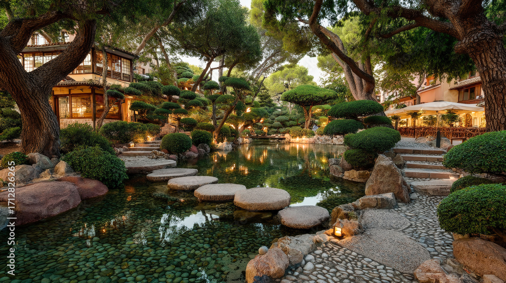 Aufkleber a serene garden with a pond and a path lined with rocks. the pond is surrounded by trees and bushes,