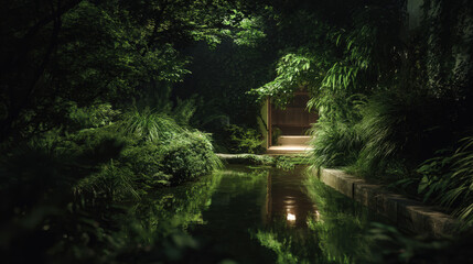 Fototapeta premium A dark forest with a small path leading to a door. The path is surrounded by trees and bushes, and the water is calm and reflective