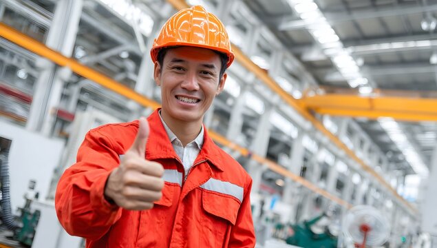 Smiling Asian Factory Worker in Orange Uniform Gives Thumbs Up in Industrial Setting.