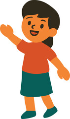 girl with dark hair, wearing a red shirt, teal skirt, and teal shoes, raising one arm while smiling brightly.