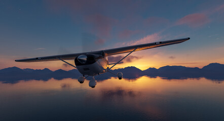 Small Airplane Soaring Over a Lake During a Stunning Sunset Scene