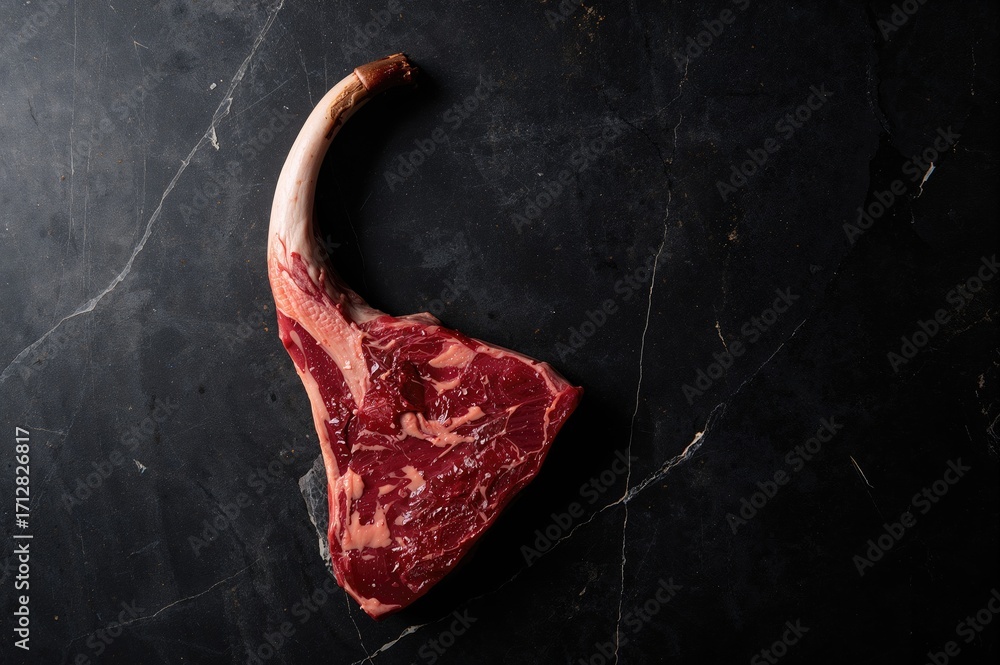 Poster uncooked dry-aged wagyu tomahawk steak displayed on a dark stone surface, viewed from above with emp