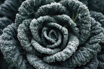Detailed close-up of dark green vegetable leaves coated with thawing frost