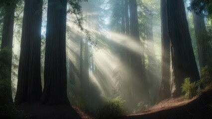 Sunlight streams through redwood forest