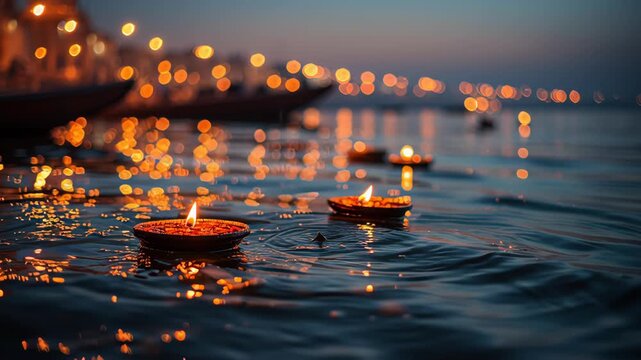 Floating Diyas on Water at Dusk for Ganga Dussehra