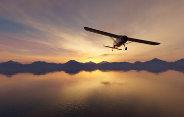 Small Airplane Flying Over Serene Lake at Sunset in 3D Rendering
