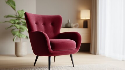 Velvet cranberry armchair in a minimalist living room, featuring soft textures and natural light, creating a cozy and inviting atmosphere with modern design elements
