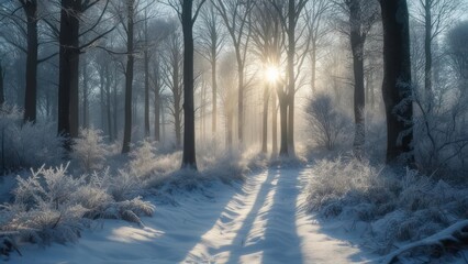 Sunlit winter forest path