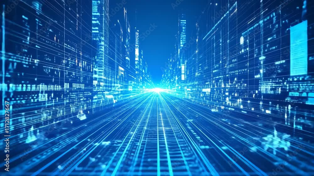 Wall mural futuristic blue data matrix simulation with digital grid lines and abstract hud screen overlays on a