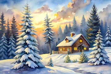 Cozy wooden cabin nestled in a snowy forest during a beautiful winter sunset, watercolor painting