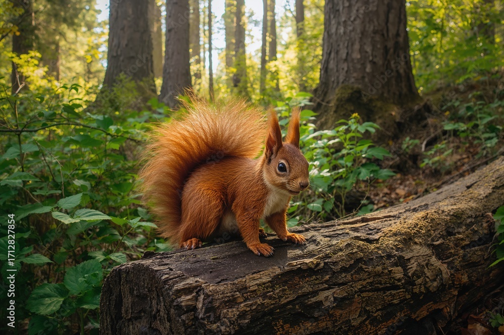 Poster a red squirrel resting atop a fallen tree trunk