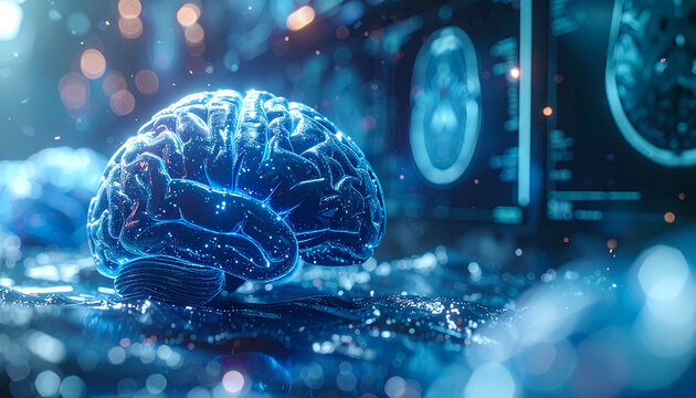 Neural Nexus: Illuminated in a mesmerizing, neon-like glow, a transparent rendering of the human brain is juxtaposed with diagnostic imagery, symbolizing innovation in science. - Powered by Adobe