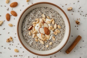 Nutritious pudding featuring fiber-packed seeds, milk, a touch of sweetener, and ingredients like honey, nuts, cream, and dried fruit, perfect for a wholesome snack