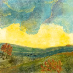 Dramatic sky over green hills with golden sunlight illustration