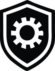 Industrial security symbol shield with gear cog inside modern clean graphic icon representing safety and engineering operations
