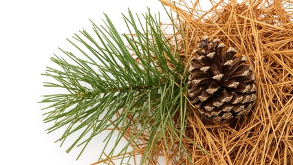 Dry yellow needles and green leaves with a pine cone on evergreen branches against a white background