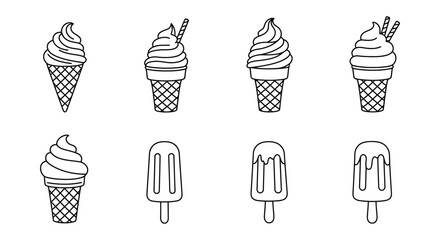 Black and white line art illustration of various frozen dessert treats