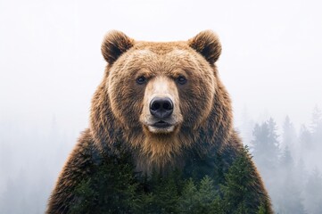 Obraz premium Double Exposure of a Brown Bear and Pine Trees
