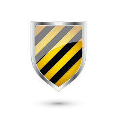 Glossy shield with yellow and black pattern. Security and protection concept. Cyber safety icons, internet privacy, web defense, digital data protection and antivirus themes. Vector illustration