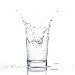A clear glass filled with water splashing out of the top on a black background with reflections