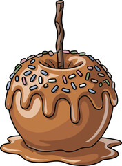 Delicious caramel candy apple with sprinkles, sweet dessert illustration, tasty festive food vector design, autumn treat, holiday celebration snack art
