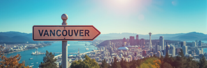 direction arrow on a pole with the inscription  Vancouver on the background of the city in summer day