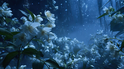 A field of white flowers is in the foreground of a blue sky. The flowers are in full bloom and are scattered throughout the scene