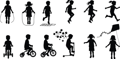 Naklejka premium Silhouette of Children Playing Outdoors, Jumping, Skipping, Biking, Running, Flying Kites, Having Fun, Childhood Activities, Healthy Outdoor Play