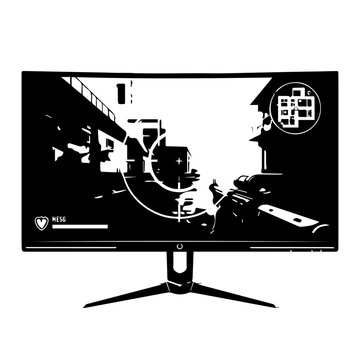 Highcontrast black and white graphic of a modern gaming monitor displaying a firstperson shooter game.