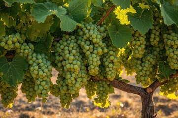 Clusters of fresh green grapes ripening on a summer vine
