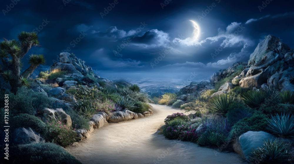 Poster a path through a rocky, dark forest with a full moon in the sky. the moon casts a soft glow on the p