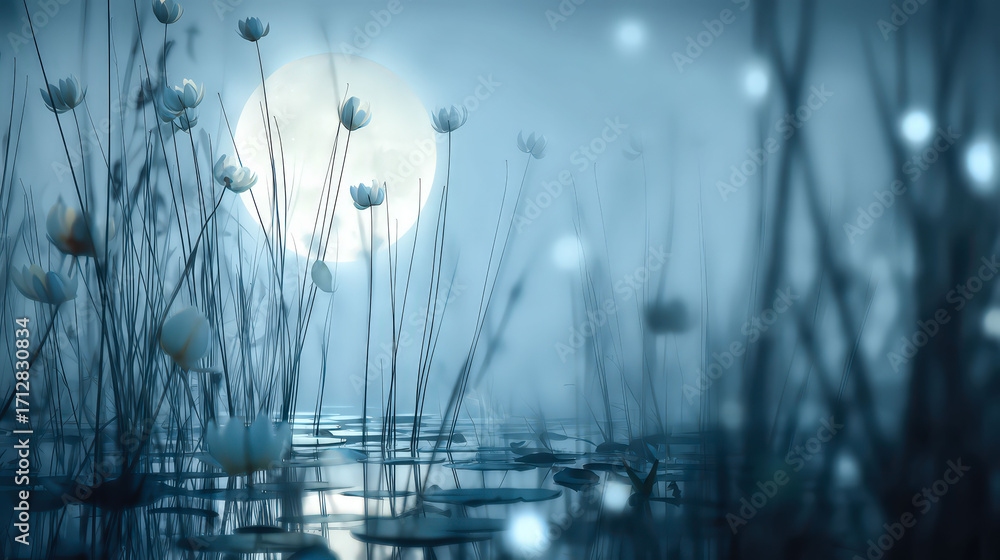 Poster a serene and peaceful image of a field of flowers with a full moon in the background. the flowers ar