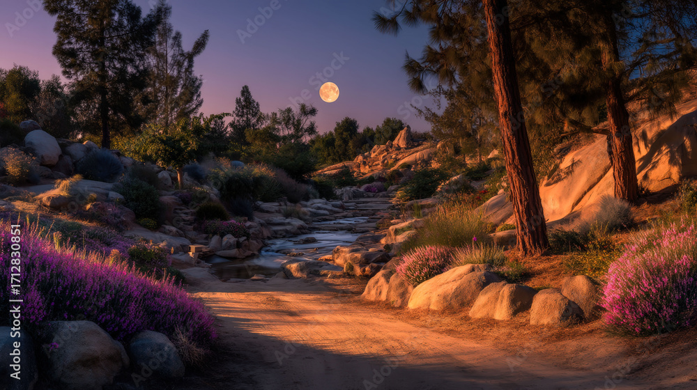 Poster a moon is shining on a path with a river and trees. the moon is in the sky and the path is surrounde