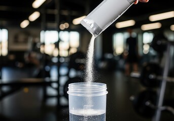 Pouring sports supplement powder into a shaker bottle in a gym.