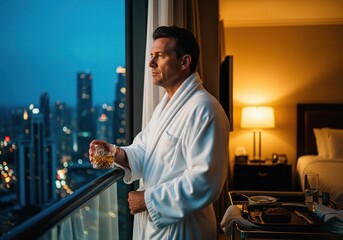 Obraz na płótnie Canvas Man in bathrobe with whiskey looking at city from luxury hotel room