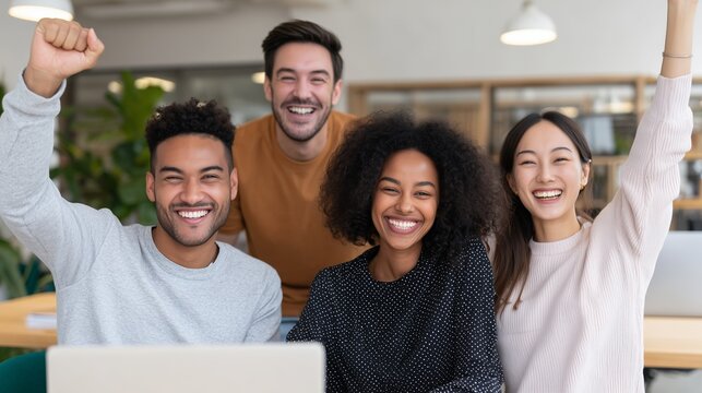 Diverse team of young professionals celebrating success in a modern office, showcasing joy and teamwork after completing a project with enthusiasm and positivity