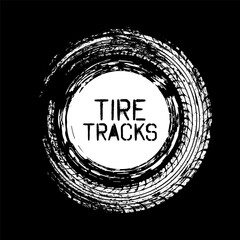 Grunge circle tire track, wheel braking mark. Truck, car or motorcycle tread pattern silhouettes. Auto race, motorsport, speed racing design element. Vector illustration