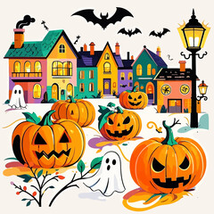 A vibrant, whimsical illustration of a Halloween street scene featuring carved jack-o'-lanterns, friendly ghosts, and colorful houses under a night sky with bats.