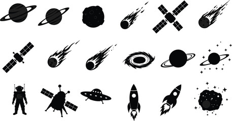 Space exploration icons collection, astronaut, satellite, rocket, planets, meteors, UFO, galaxy, black hole, science, astronomy, universe design illustration