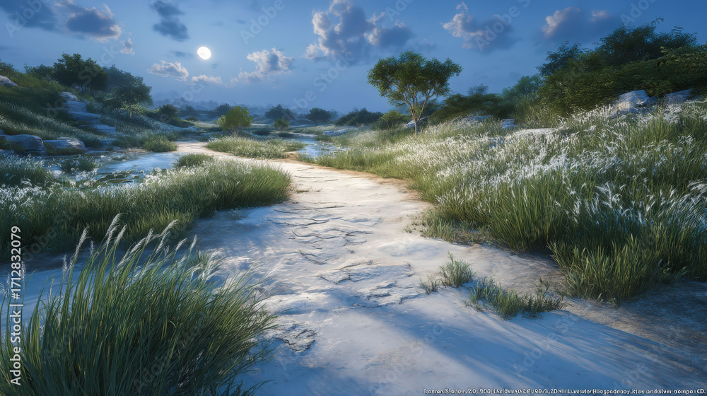 Poster a serene and peaceful scene of a path through a field of grass with a full moon in the sky. the moon