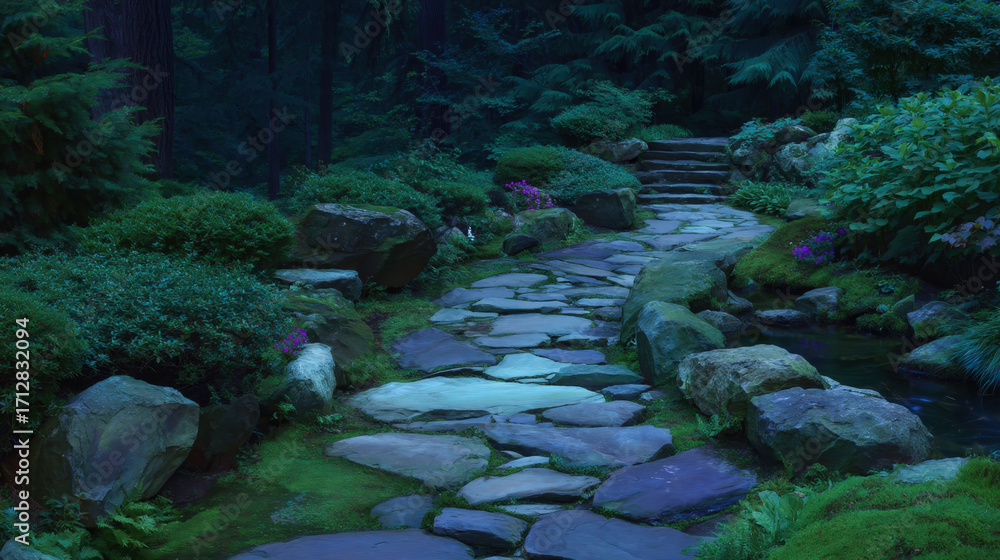 Aufkleber a path in a forest with a stone walkway and a small stream. the path is dark and the sky is cloudy