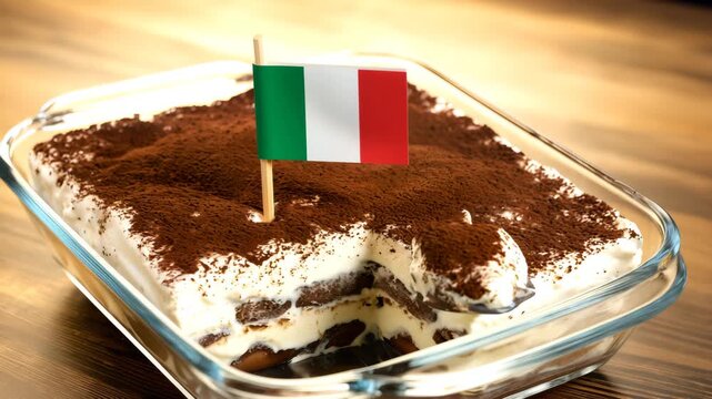 Animated Italian tiramisu dessert with cocoa powder and small Italian flag moving gently, layered creamy mascarpone cake with dynamic light reflections for authentic cuisine video concept