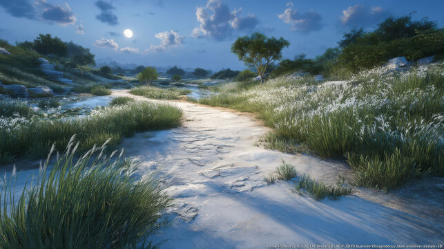 A serene and peaceful scene of a path through a field of grass with a full moon in the sky. The moon casts a soft glow on the grass, creating a tranquil atmosphere. The path is lined with tall grass - Powered by Adobe
