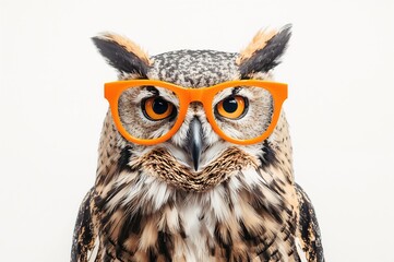 Obraz premium Front view of an eagle owl wearing bright orange spectacles against a plain white backdrop