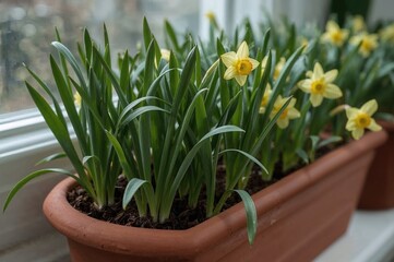 Obraz premium Fresh green Iris reticulata and Narcissus Minnow bulbs sprouting in a terracotta planter viewed from indoors during early spring.