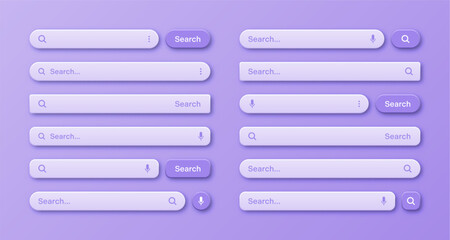 Colorful 3d search bar templates. Internet browser engine with search box, address bar and text field. UI design, website interface element with web icons and push button. Vector illustration