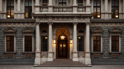 Elegant mansion facade with ornate architectural details, large entryway, stone walls, decorative columns, and warm light illuminating the entrance at night.
