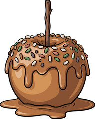 Sweet caramel candy apple with colorful sprinkles, festive dessert illustration, tasty autumn holiday food vector, delicious snack, chocolate treat art